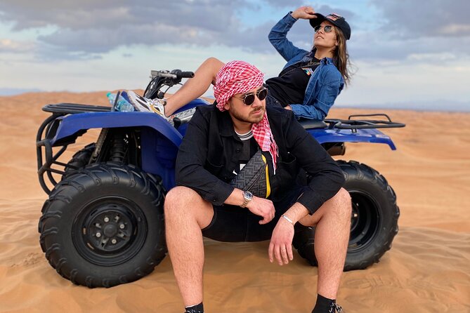 Evening Quad Bike, Desert Safari in Dubai , BBQ Dinner and Shows - Sand boarding, camel riding, and desert photographs