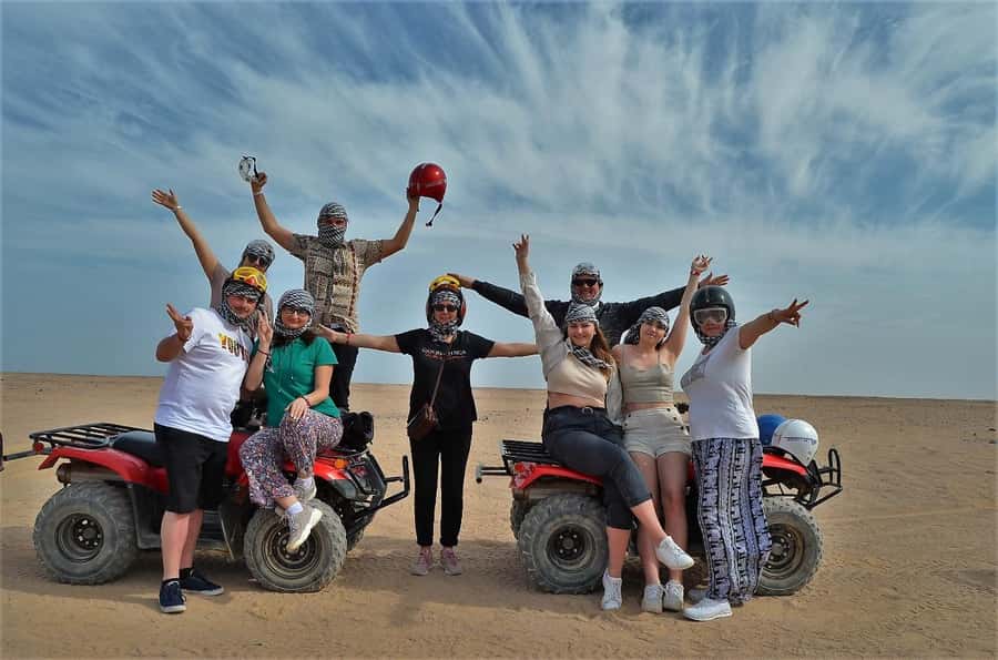 Hurghada: Quad and Buggy Safari with Dinner and Show - Safety briefing, scarves, and the first quad ride