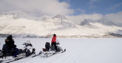 Scenic Arctic snowmobile safari in the Lyngen Alps
